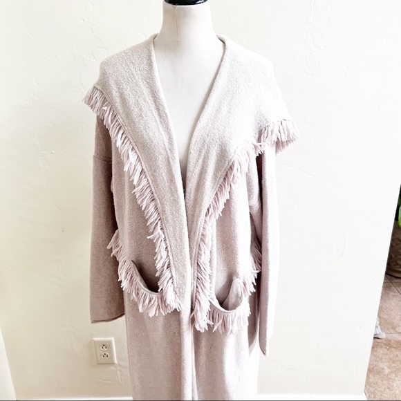 Free People Longline Fringed Bohemian Cardigan Hooded Size Large - Picture 4 of 11